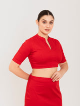Red cotton lycra collar neck sleeveless blouse