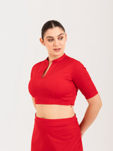 Red cotton lycra collar neck sleeveless blouse
