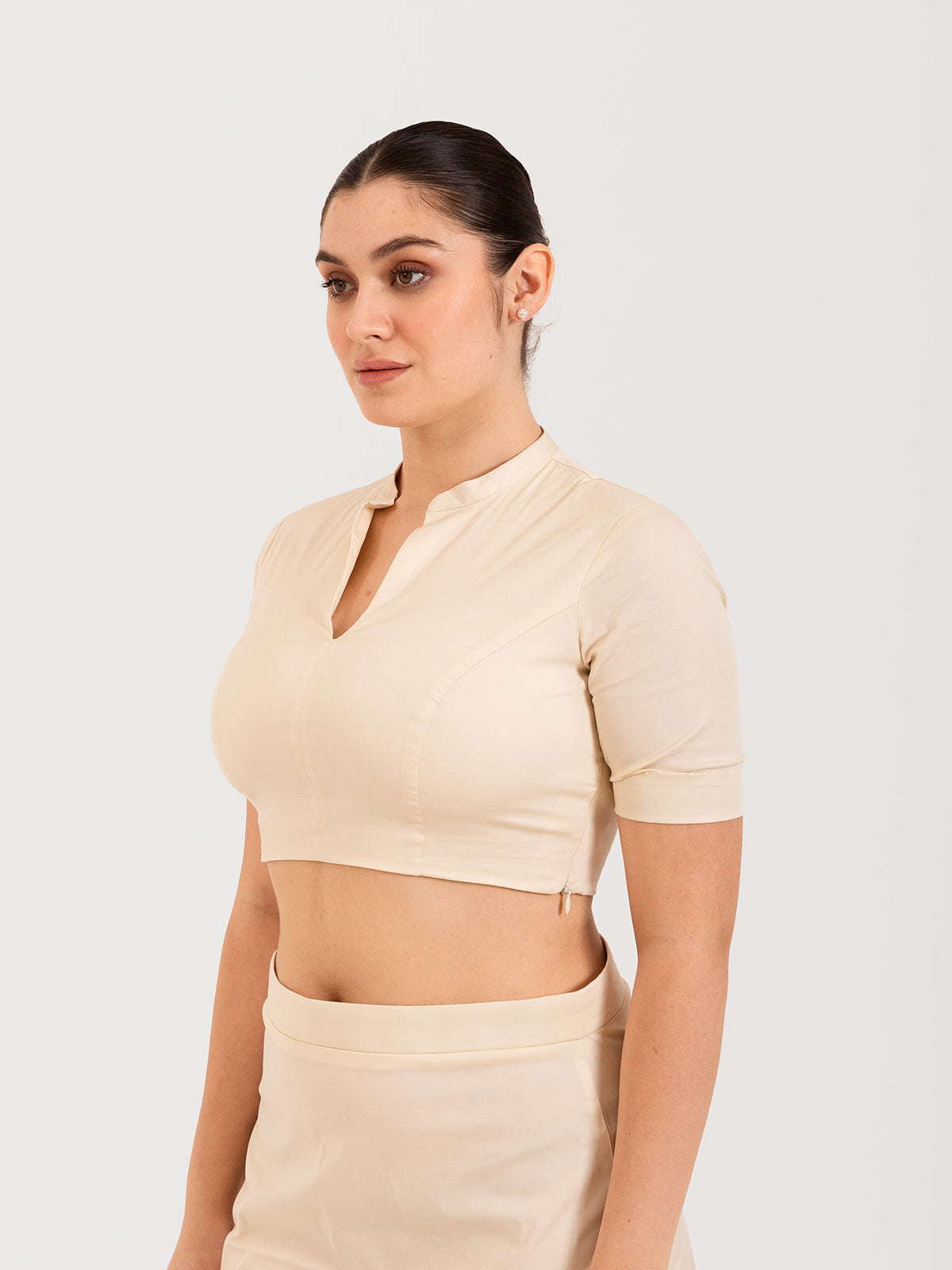 White cotton lycra collar neck sleeveless blouse