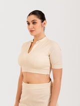 White cotton lycra collar neck sleeveless blouse
