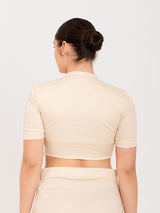 White cotton lycra collar neck sleeveless blouse