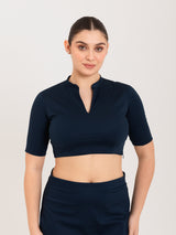 Blue cotton lycra collar neck sleeveless blouse