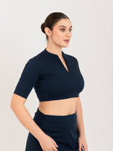 Blue cotton lycra collar neck half sleeves blouse
