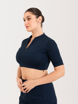 Blue cotton lycra collar neck sleeveless blouse
