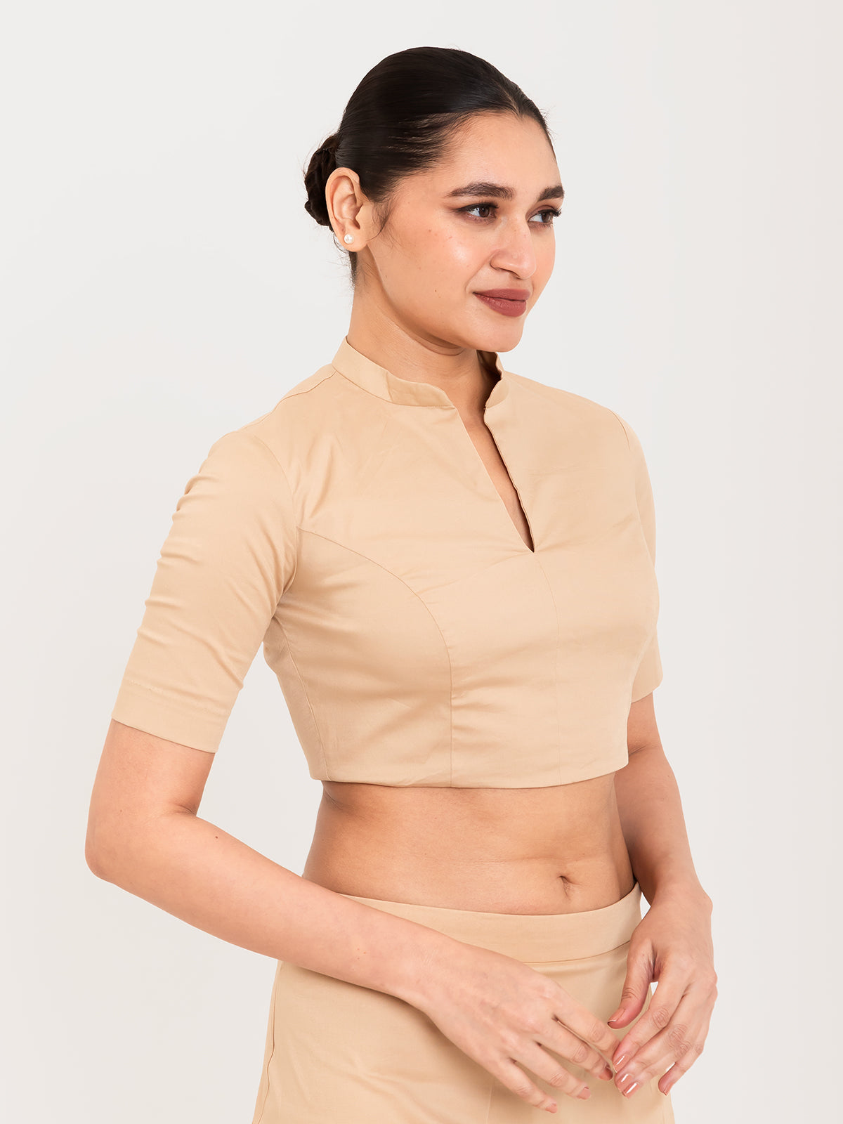 Beige cotton lycra collar neck sleeveless blouse