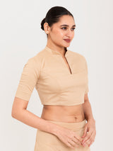 Beige cotton lycra collar neck sleeveless blouse