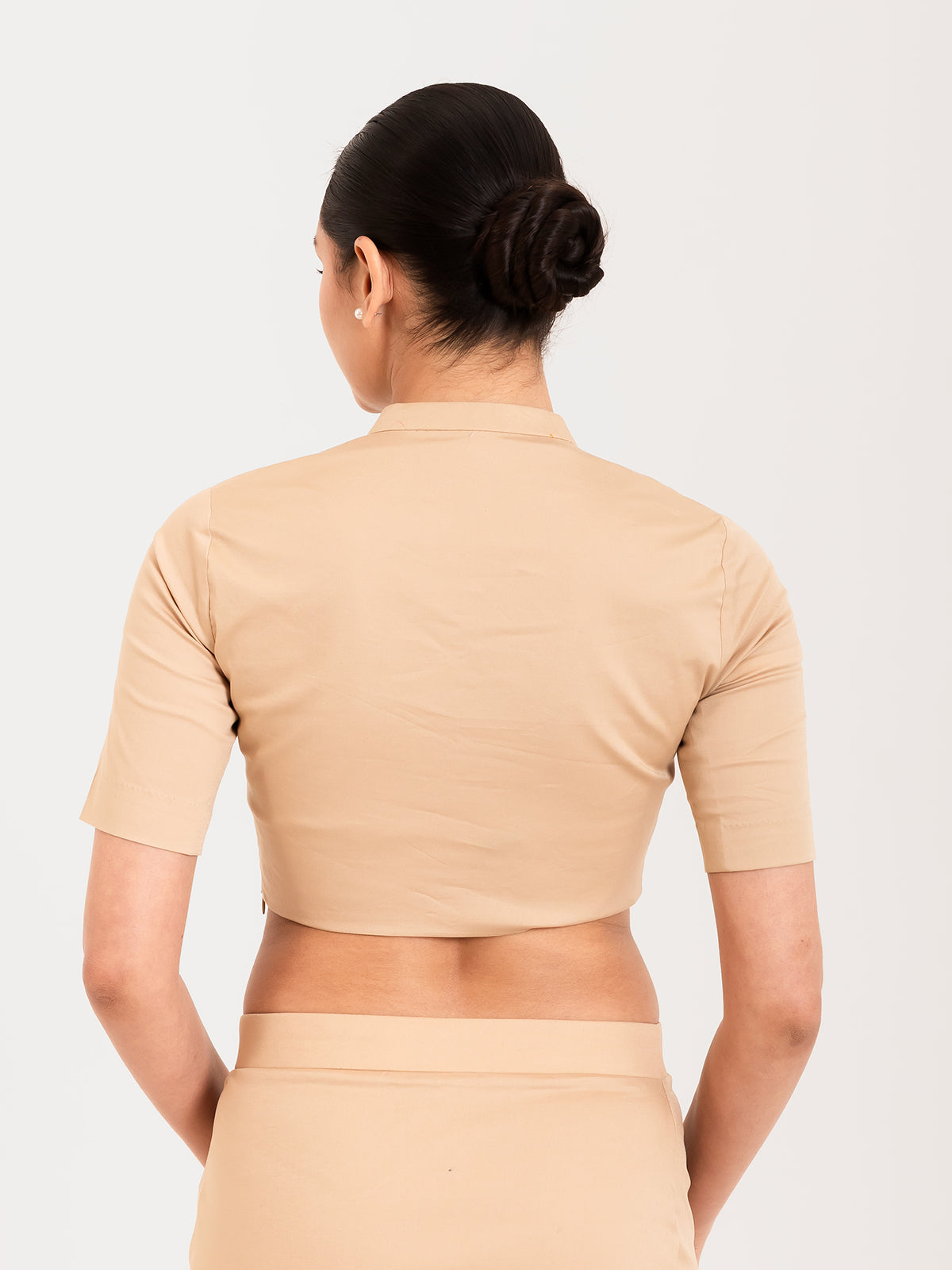 Beige cotton lycra collar neck sleeveless blouse