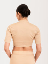 Beige cotton lycra collar neck half sleeves blouse