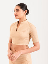 Beige cotton lycra collar neck sleeveless blouse