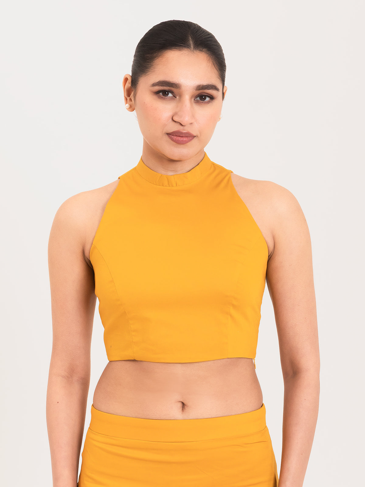 Yellow cotton lycra high halter neck sleeveless blouse