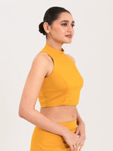 Yellow cotton lycra high halter neck sleeveless blouse