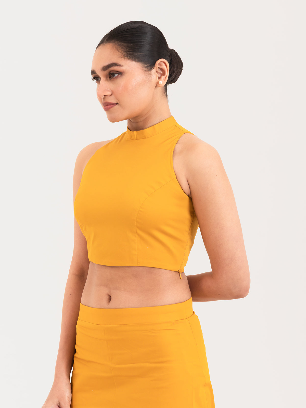 Yellow cotton lycra high halter neck sleeveless blouse