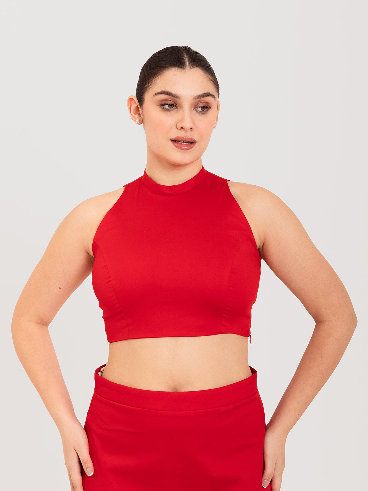 Red cotton lycra high halter neck sleeveless blouse