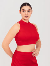 Red cotton lycra high halter neck sleeveless blouse