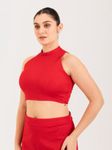Red cotton lycra high halter neck sleeveless blouse