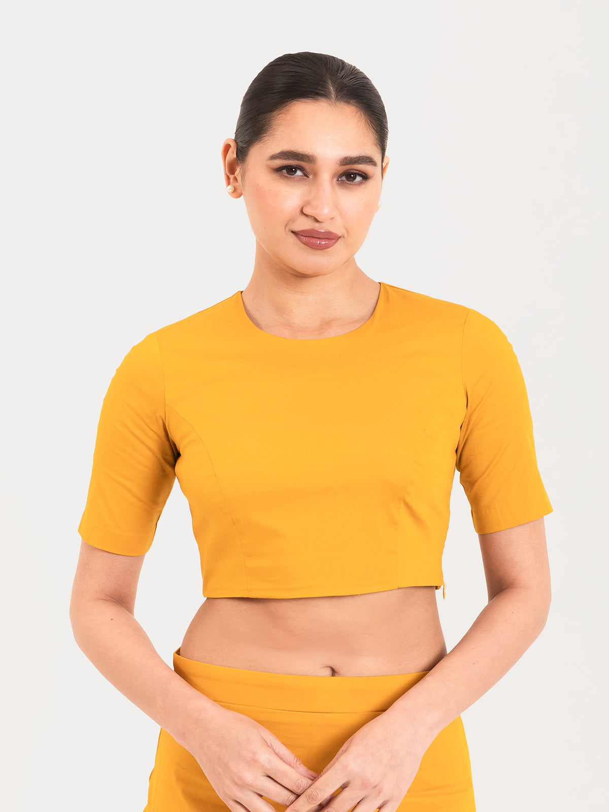 Yellow cotton lycra round neck blouse