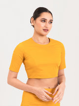 Yellow cotton lycra round neck blouse