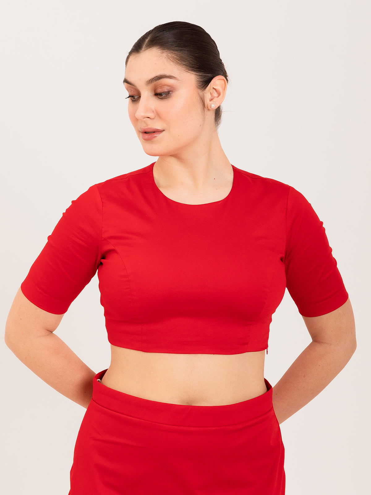 Red cotton lycra round neck sleeveless blouse