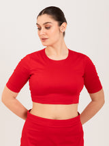Red cotton lycra round neck sleeveless blouse