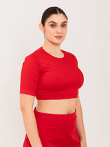 Red cotton lycra round neck sleeveless blouse