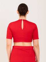 Red cotton lycra round neck sleeveless blouse