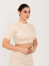 White cotton lycra round neck sleeveless blouse