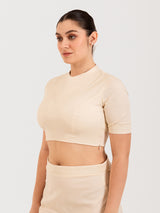 White cotton lycra round neck sleeveless blouse