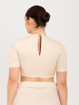 White cotton lycra round neck sleeveless blouse