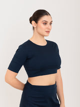 Blue cotton lycra round neck blouse