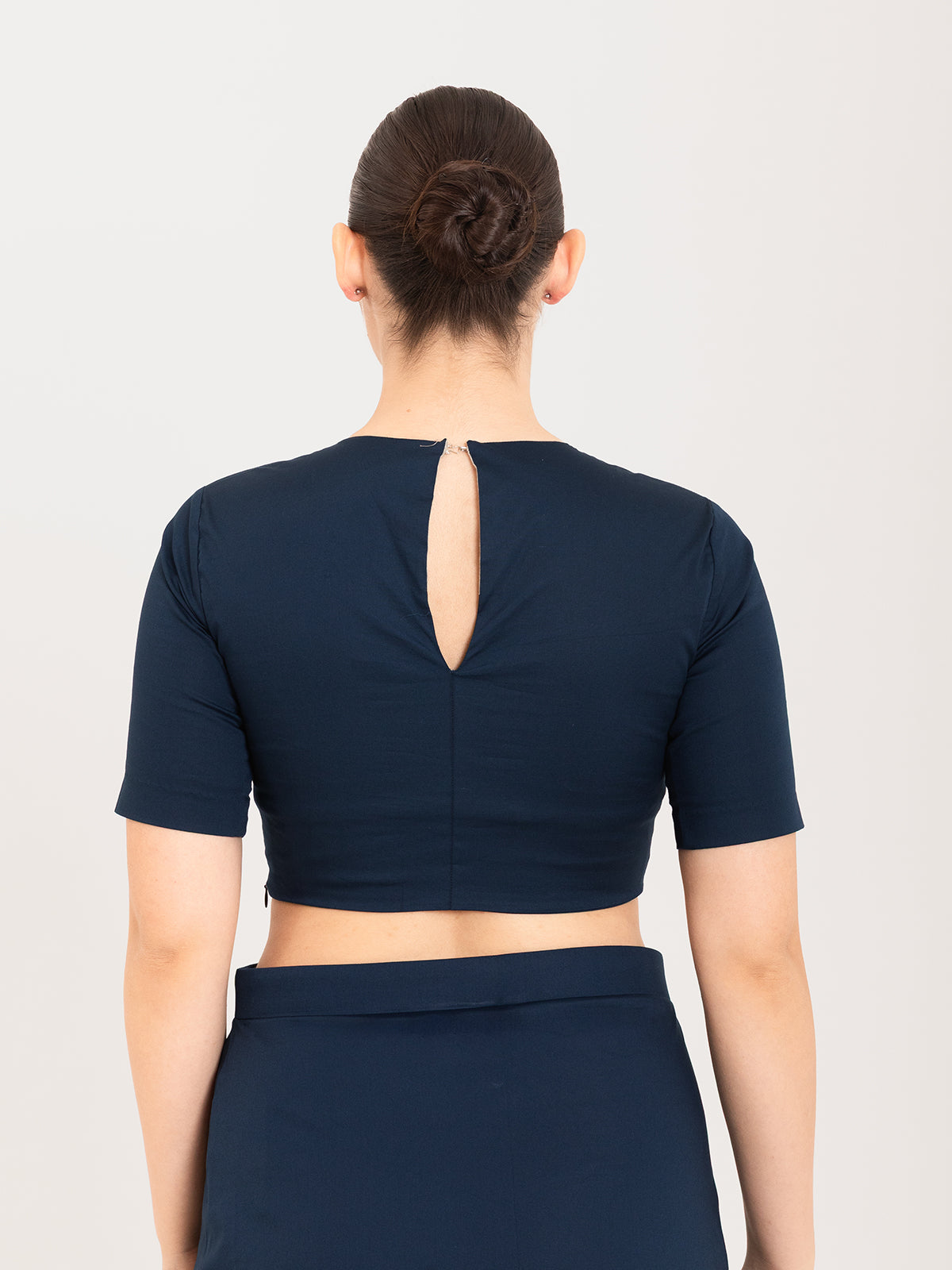 Blue cotton lycra round neck blouse