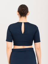Blue cotton lycra round neck blouse