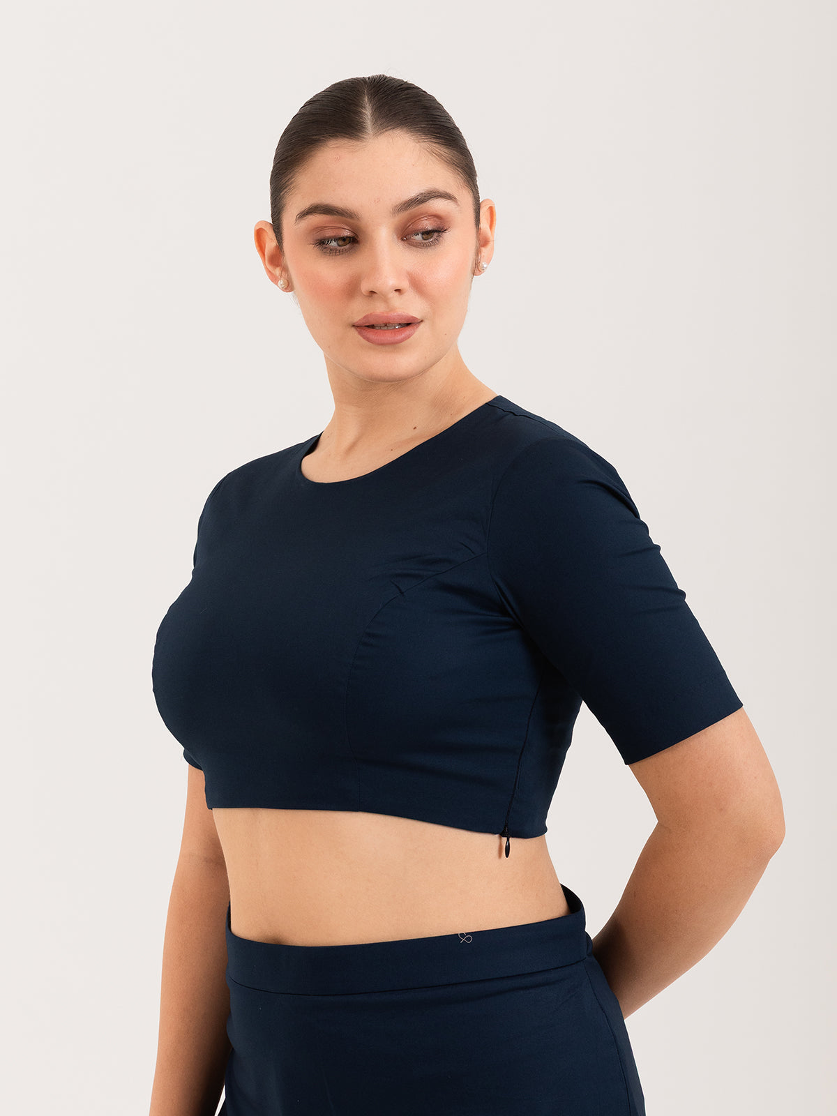 Blue cotton lycra round neck sleeveless blouse