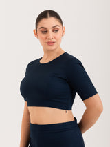 Blue cotton lycra round neck blouse