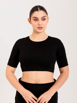 Black cotton lycra round neck sleeveless blouse