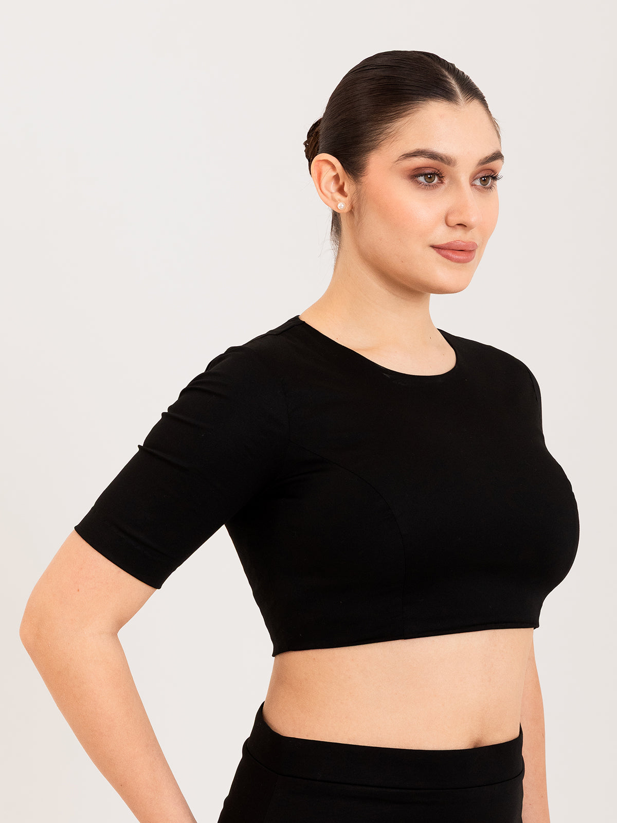 Black cotton lycra round neck sleeveless blouse