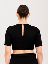 Black cotton lycra round neck half sleeves blouse