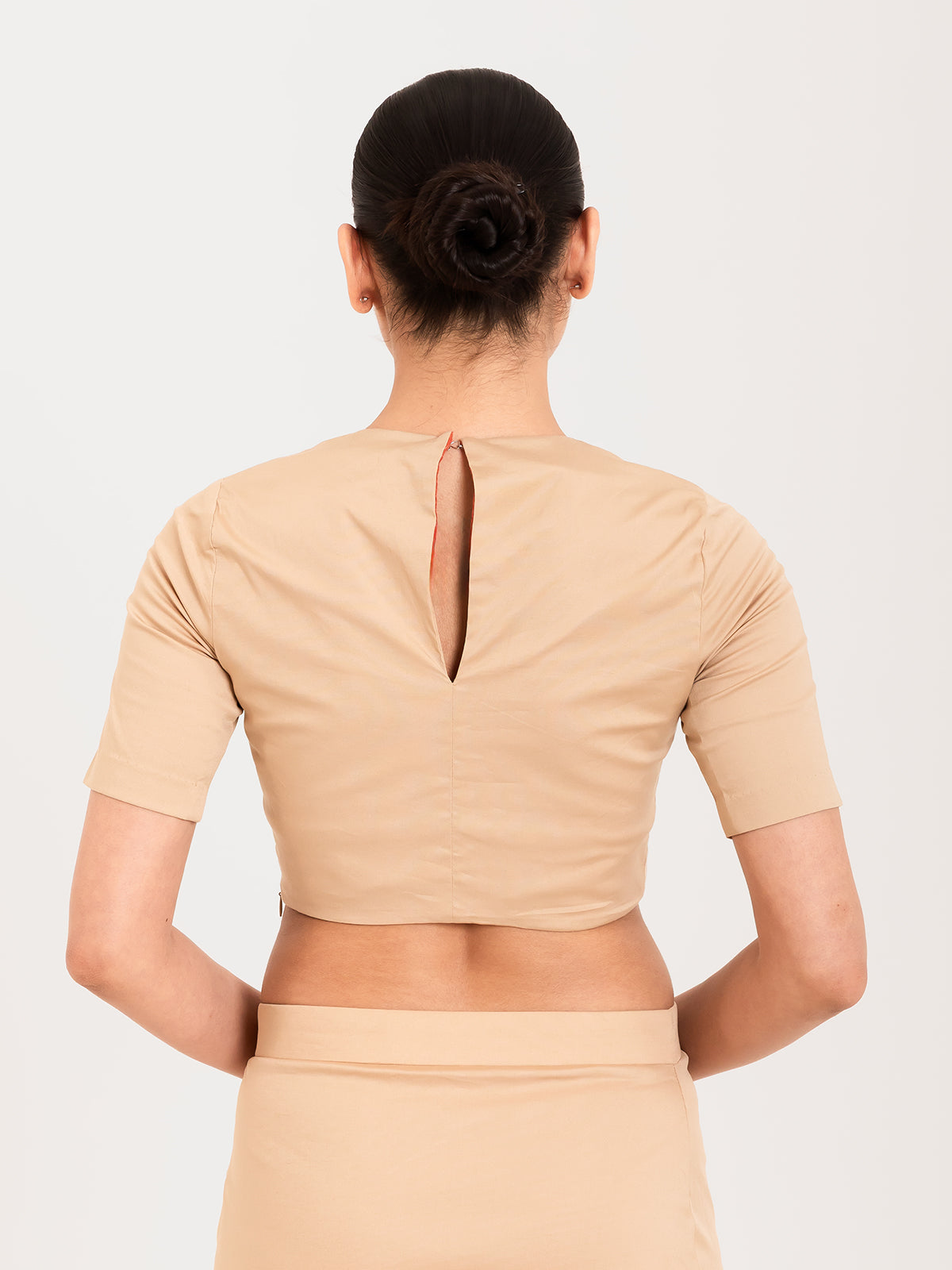 Beige cotton lycra round neck half sleeves blouse