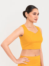 Yellow cotton lycra sweetheart neck sleeveless blouse