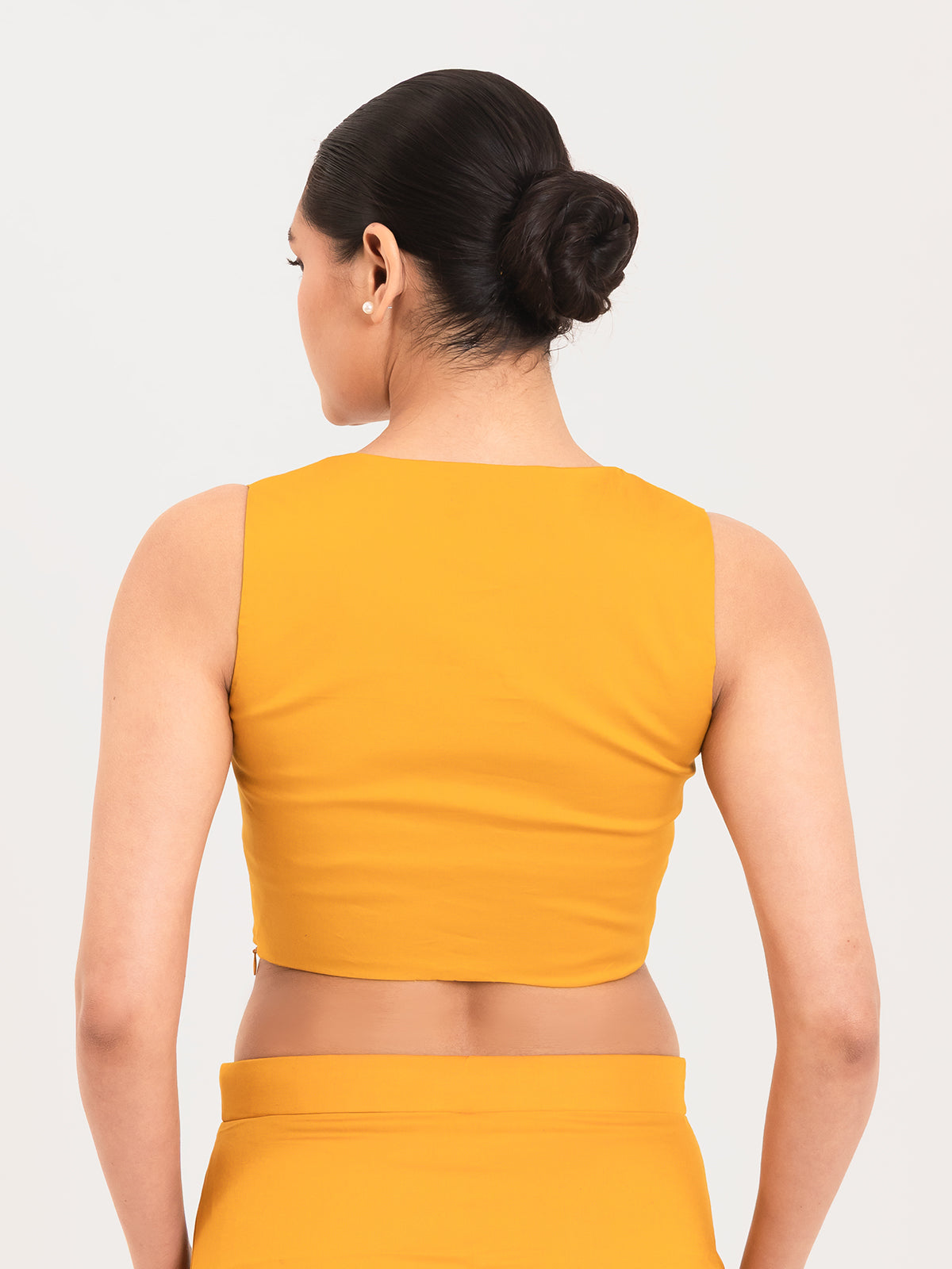 Yellow cotton lycra sweetheart neck sleeveless blouse