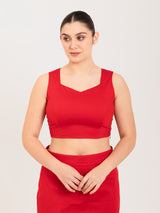 Red cotton lycra sweetheart neck sleeveless blouse