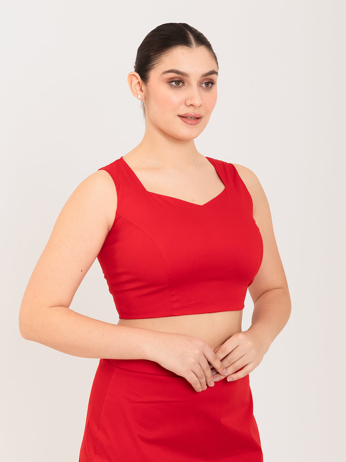 Red cotton lycra sweetheart neck sleeveless blouse