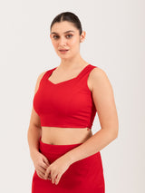 Red cotton lycra sweetheart neck sleeveless blouse