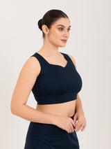 Blue cotton lycra sweetheart neck sleeveless blouse