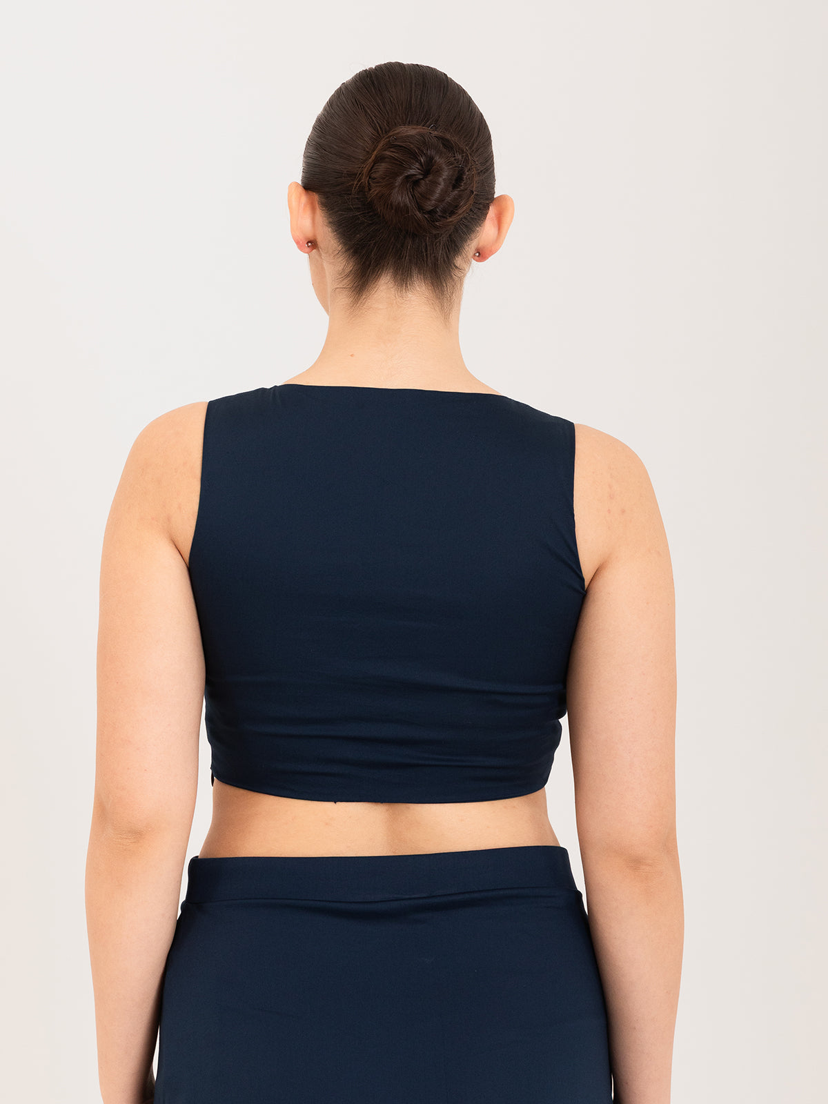 Blue cotton lycra sweetheart neck sleeveless blouse