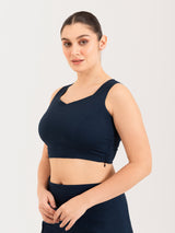 Blue cotton lycra sweetheart neck sleeveless blouse