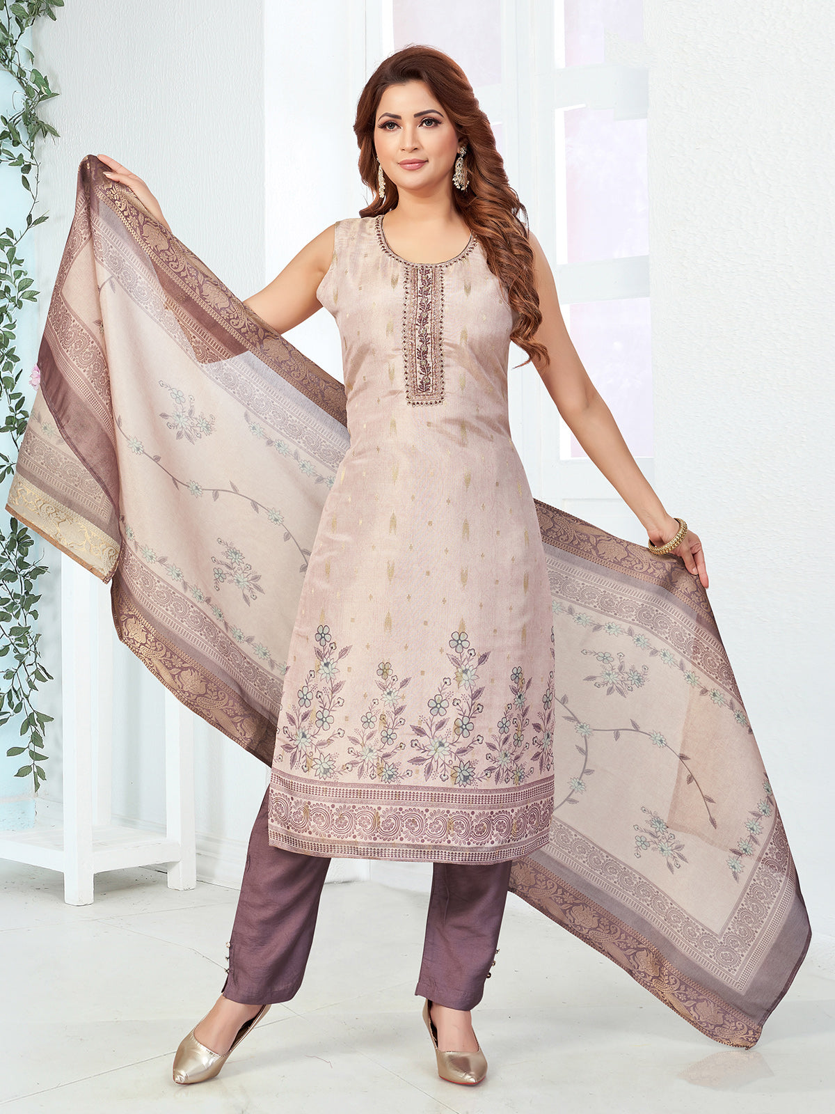 Dusty purple floral silk salwar suit with dupatta