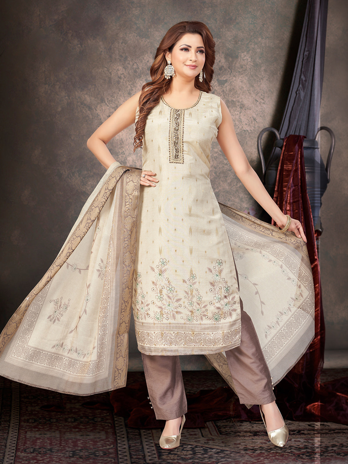 Cream floral silk straight cut salwar suit