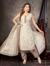 Cream floral silk straight cut salwar suit