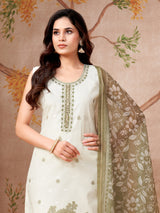 Off white and olive printed silk straight cut suit