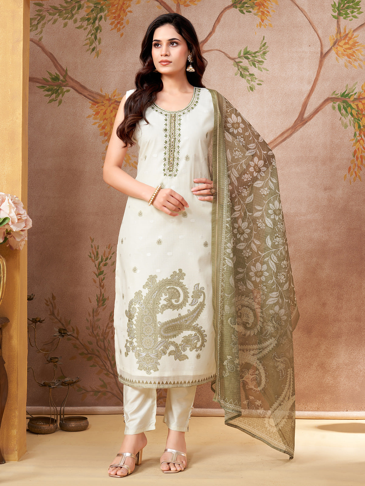 Off white and olive printed silk straight cut suit